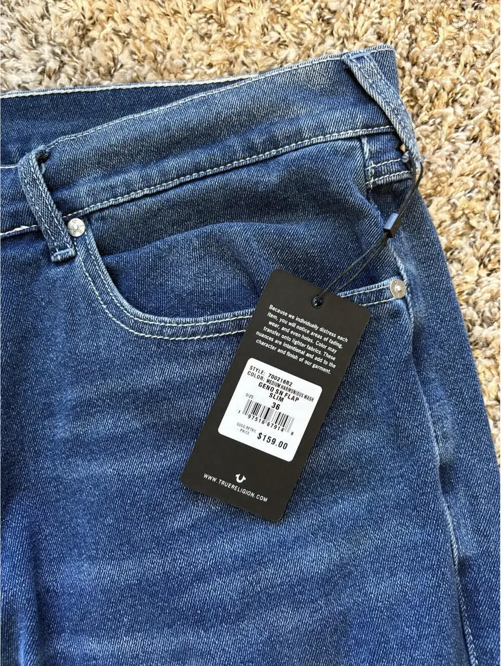 True Religion Geno Relaxed Slim Flap Jeans Men’s Size 36x32 Harmonious Wash NWT
